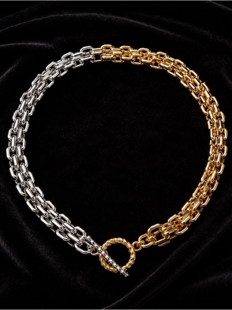 Two-Tone Gold And Silver Chunky Chain Toggle Necklace